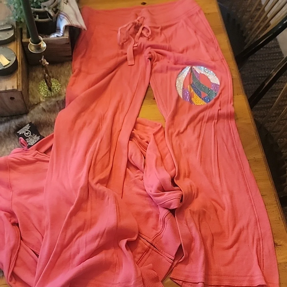 Pink Peace Sign Hoodie and Sweatpants Set  BLING Y2K - Picture 5 of 6